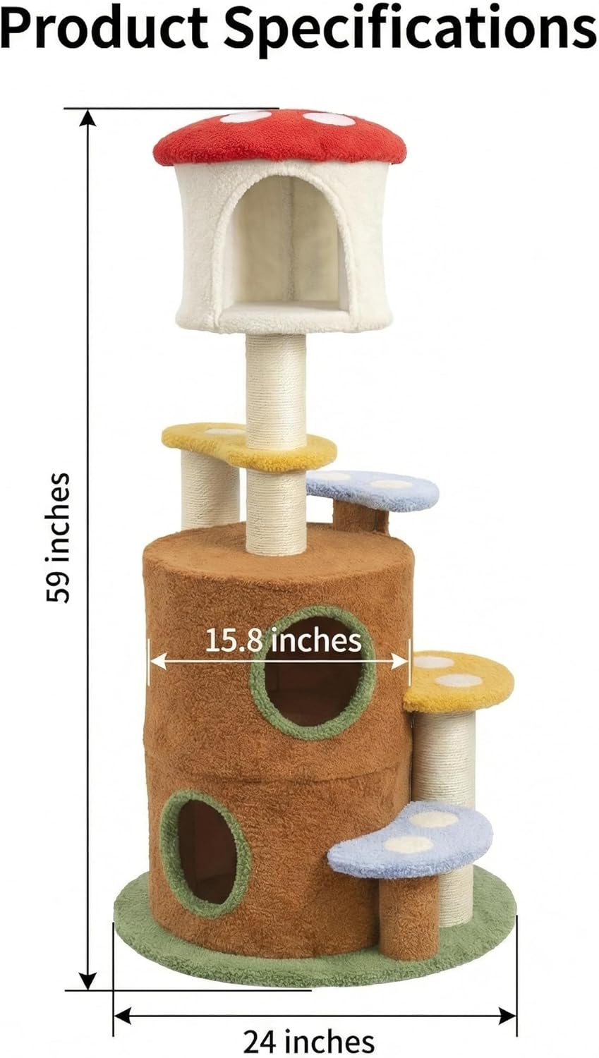 59 Inches Mushroom Cat Tree Tower with Scratching, Cat Condo, Extra Large Hammock and Plush Perches, Brown