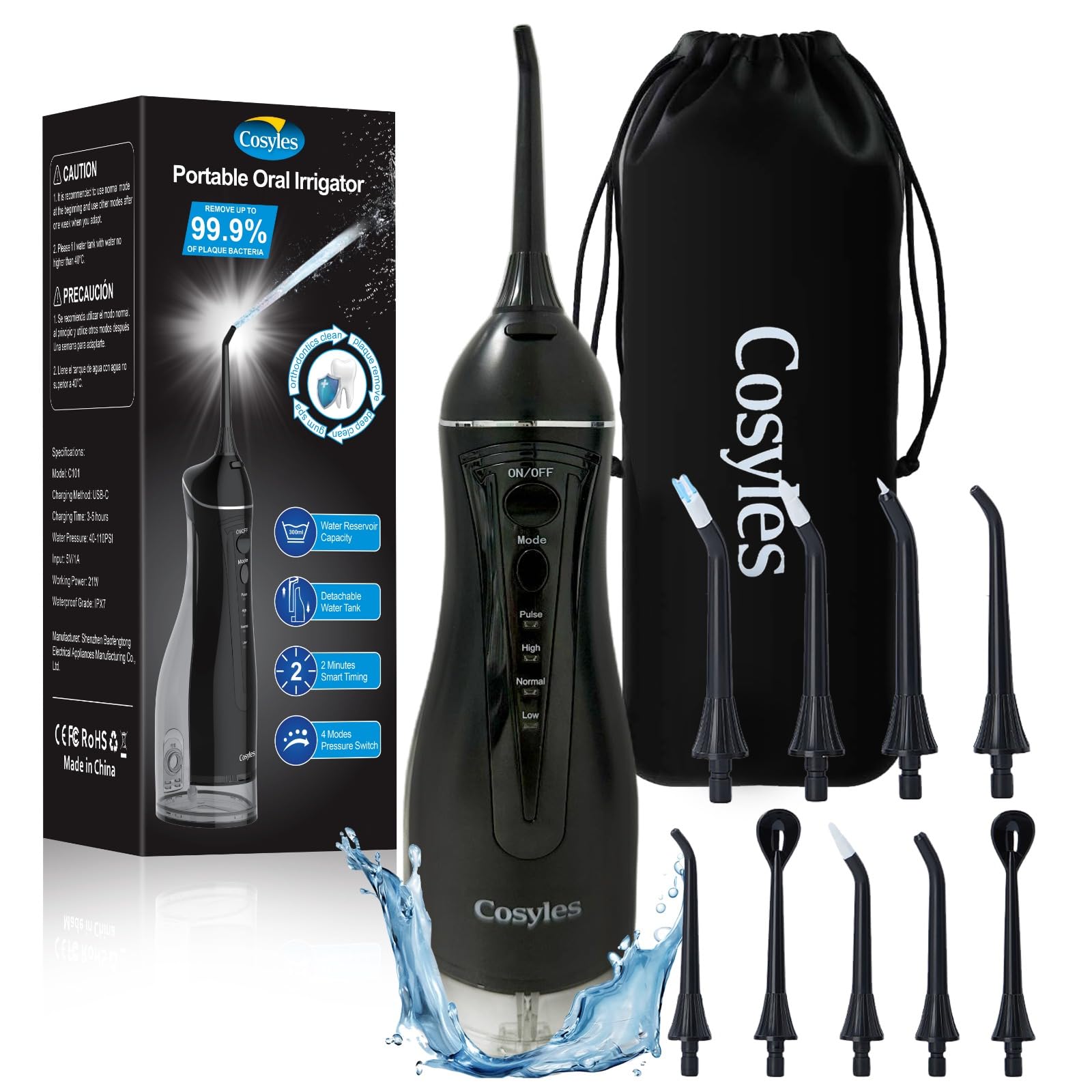 Cosyles Water Dental Flosser -Teeth Pick -With 9 Nozzels, 4 Modes, 300ML Tank - Oral Irrigator –IPX7 Waterproof Electric Water Flosser for Tonsil Stone, Teeth Cleaning, Travel-Friendly, Plaque Remove,