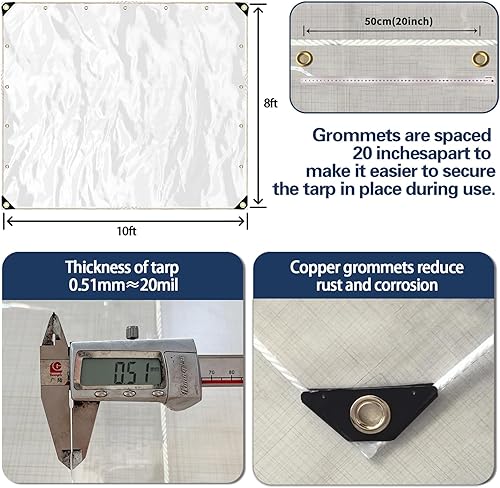 Miniatura 10 de Lonas transparentes resistentes al agua de 20 mil, lona de PVC de 10 x 10 pies con ojales de metal, bordes reforzados resistentes al desgarro, lona