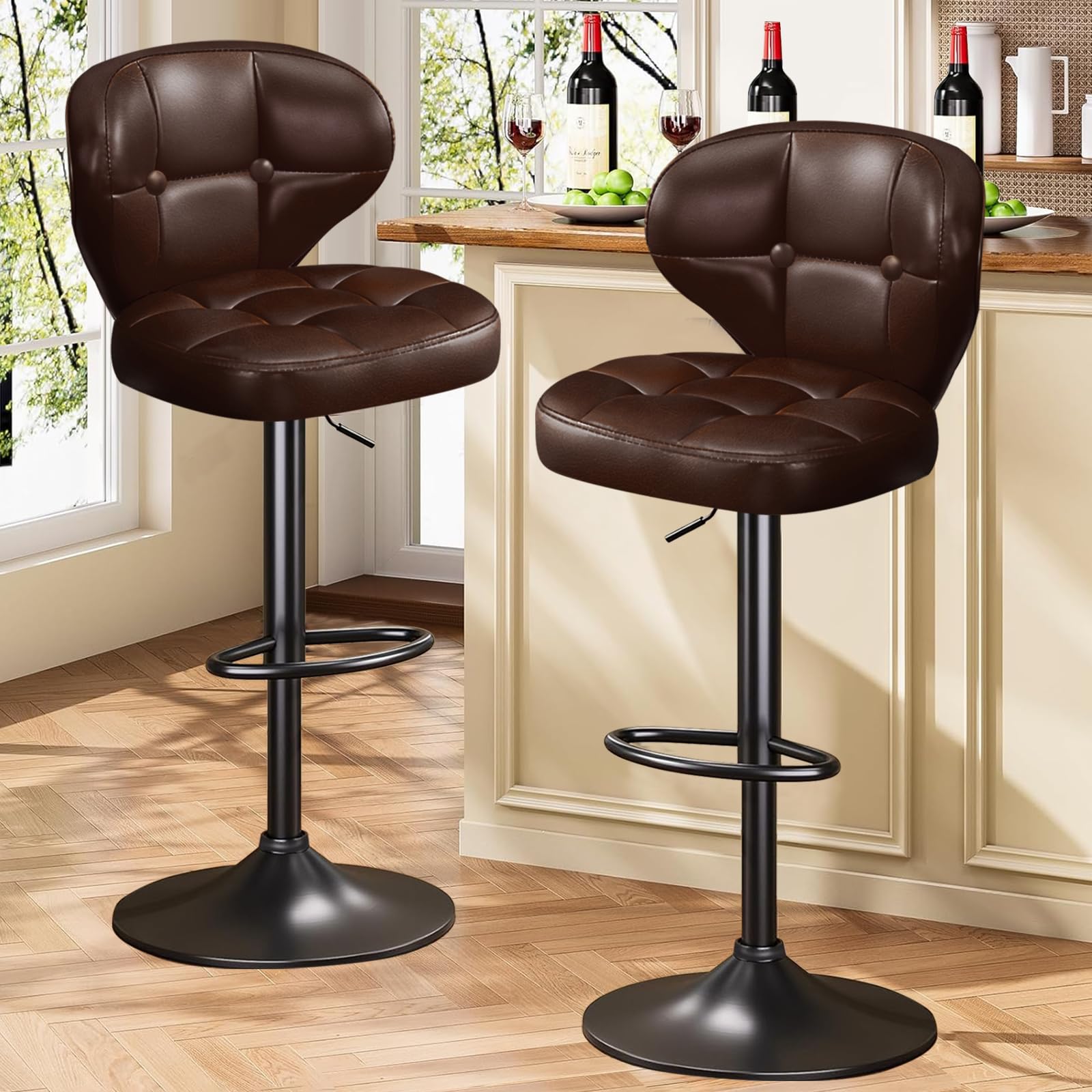 Modern Bar Stool Set of 2 Swivel Kitchen Stool Height Adjustable Padded Seat with Backrest Metal Frame Anti-Slip Base Ideal for Home Restaurant Bar Brown