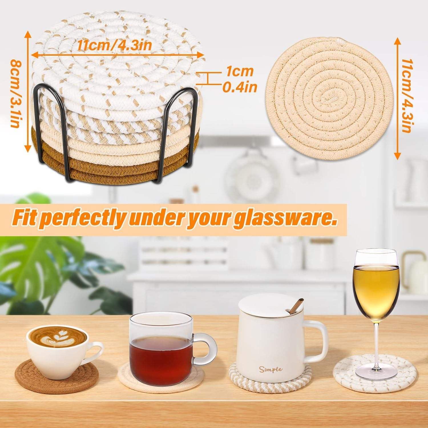 8 Pcs Drink Coasters with Holder, Absorbent Cup Coasters for Coffee Table, Non-Slip Hot Pads for Kitchen, Versatile Coaster for Home Decor, Coffee Bar, Dining Table and Desk, Easy to Clean