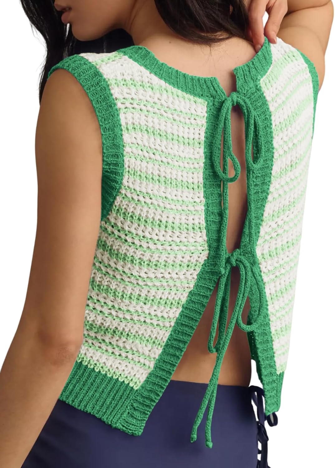 Yousify Womens Crochet Chunky Knit Tops Striped Sweater Vest Sleeveless Sweater Cardigan Bow Tie Open Front Tank Tops
