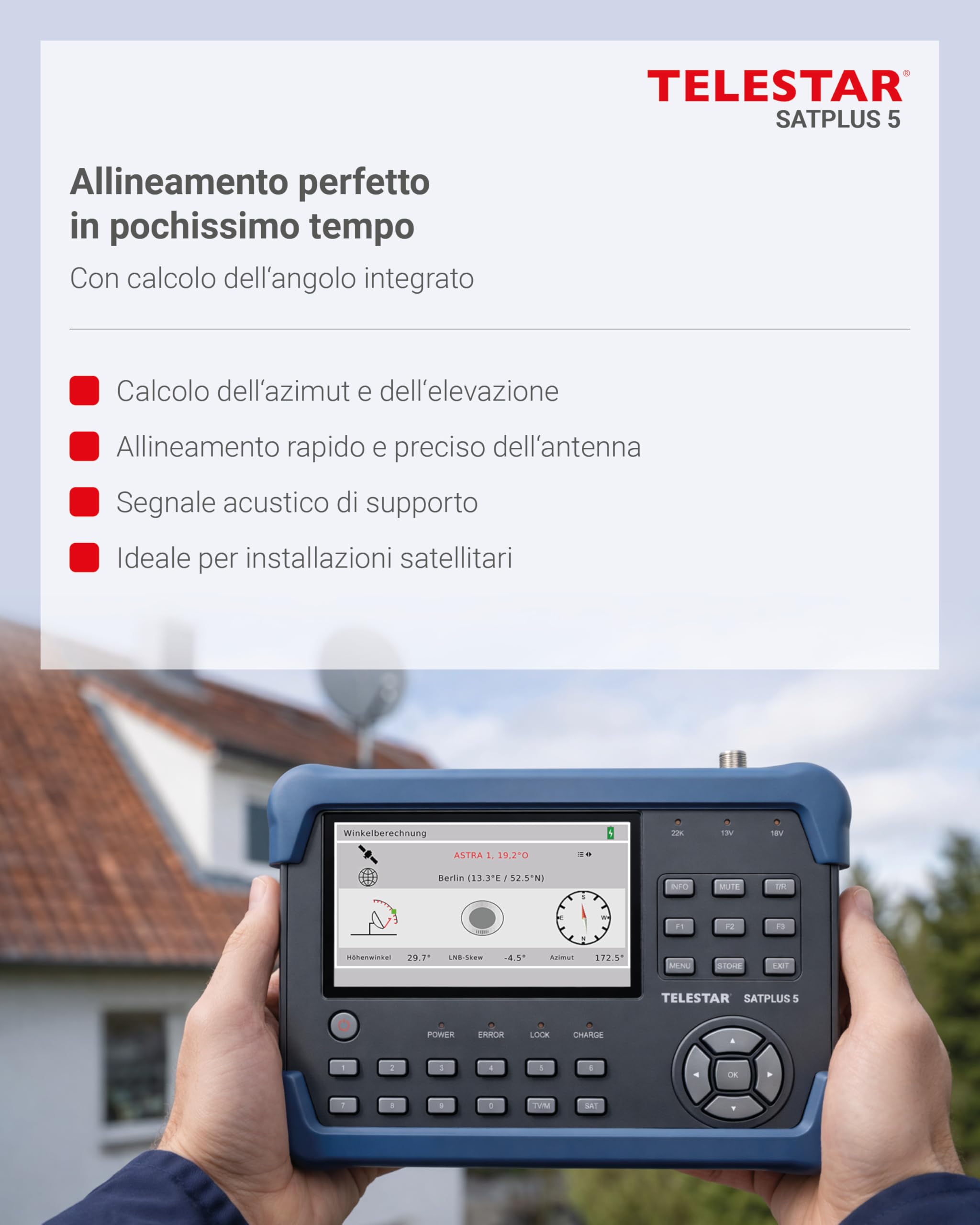 TELESTAR SATPLUS 5 – Misuratore SAT (per DVB-S/DVB-S2/DVB-C/DVB-T2, Unicable, schermo da 5″, TV in diretta)