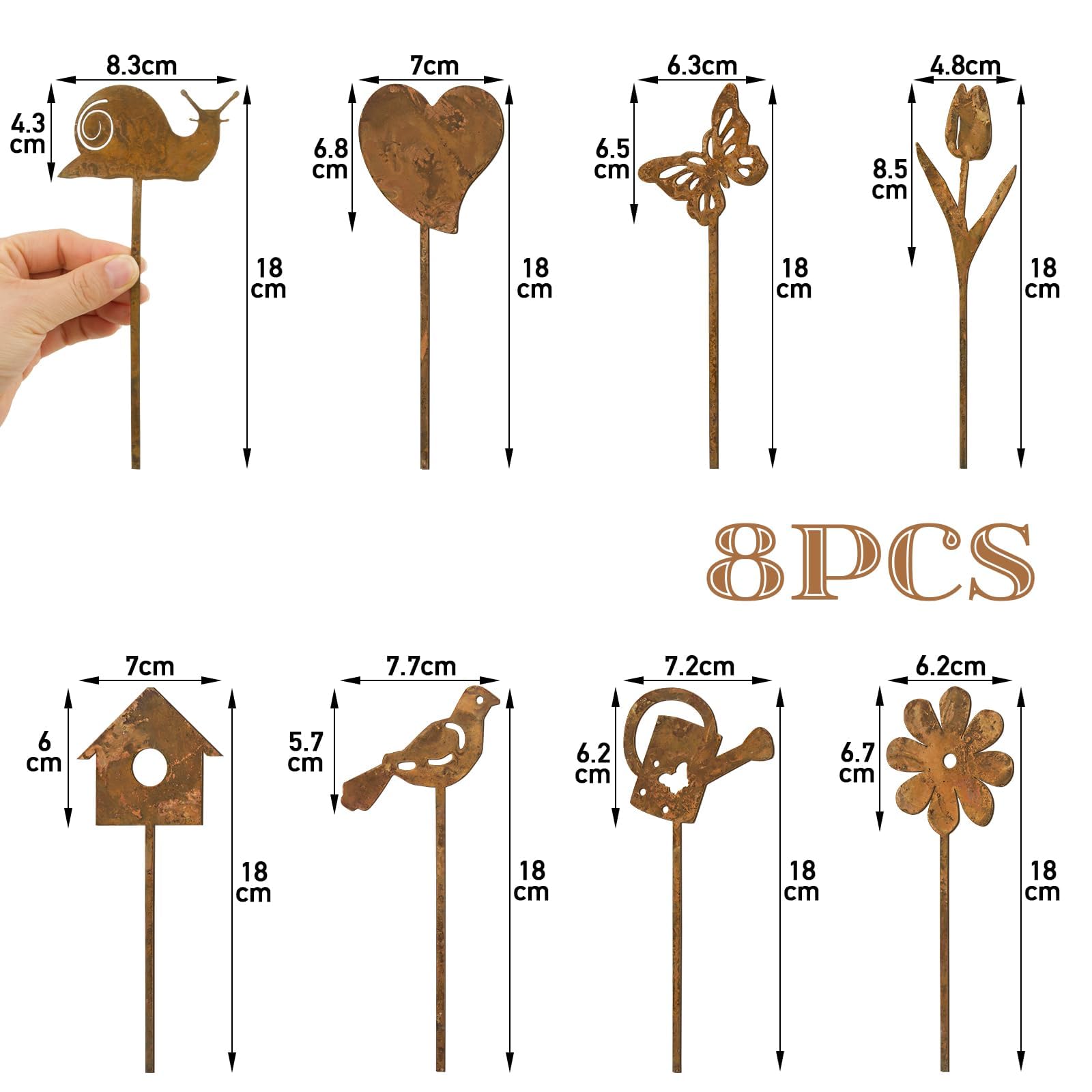 BOFUNX 8PCS Signes de Cour Signe de Pelouse en Fer Rouillé Forme de Fleur Oiseaux Cœur Papillon Panneaux Piquets de Jardin Décorations Printemps Extérieures Pelouse Clôture