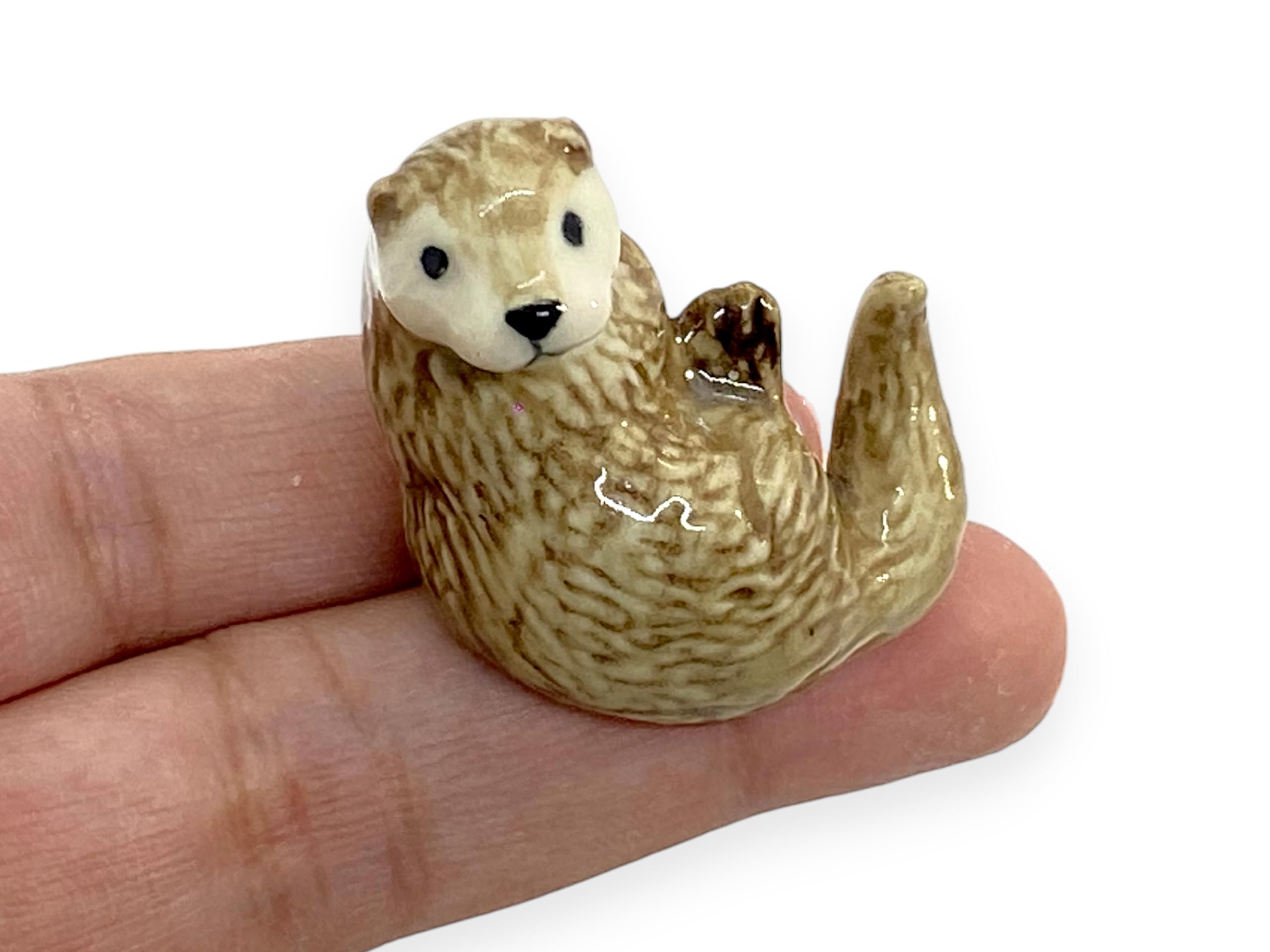 Witnystore Brown 1¼" Curled Eurasian River Otter Ceramic Figurine For Terrarium Decoration Collectible Statue For Adult Collectors Handcrafted Porcelain Ornament Sculpture Home Room Tabletop Decor