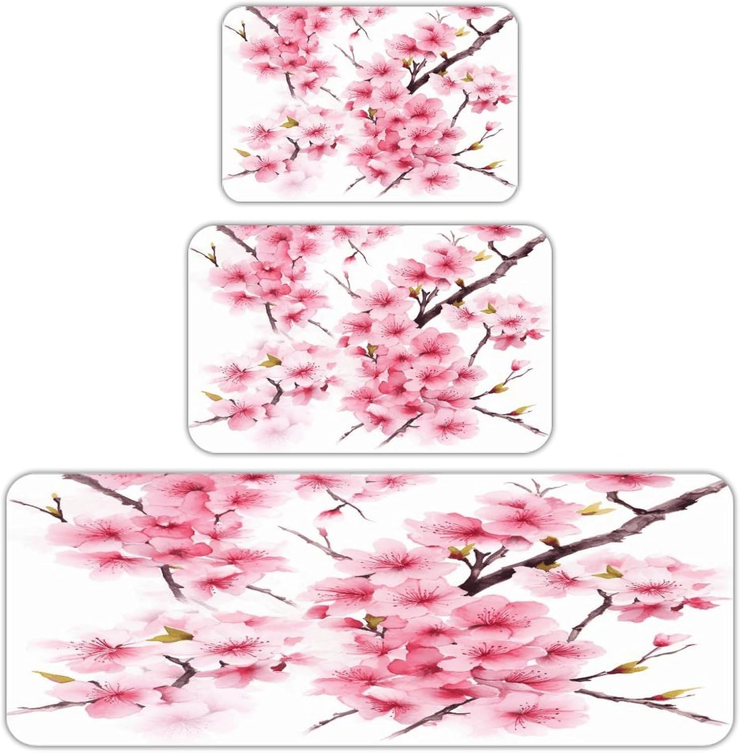 Cherry Blossom Kitchen Rugs Sets of 3 Non Slip Kitchen Mats for Floor Farmhouse Kitchen Sink Mat Thick Comfort Standing Mat for Laundry Room Hallway Bathroom