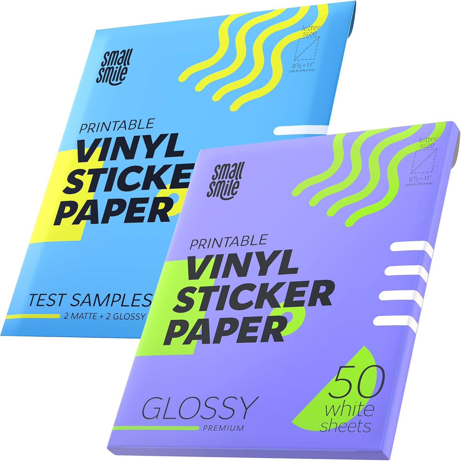 Premium Printable Vinyl Sticker Paper for Inkjet Printer and Laser - 50 White Glossy and Test Samples 4 Sticker Sheets Waterproof - Durability Adhesive Paper 8.5 x 11, Great for Cutting Machines