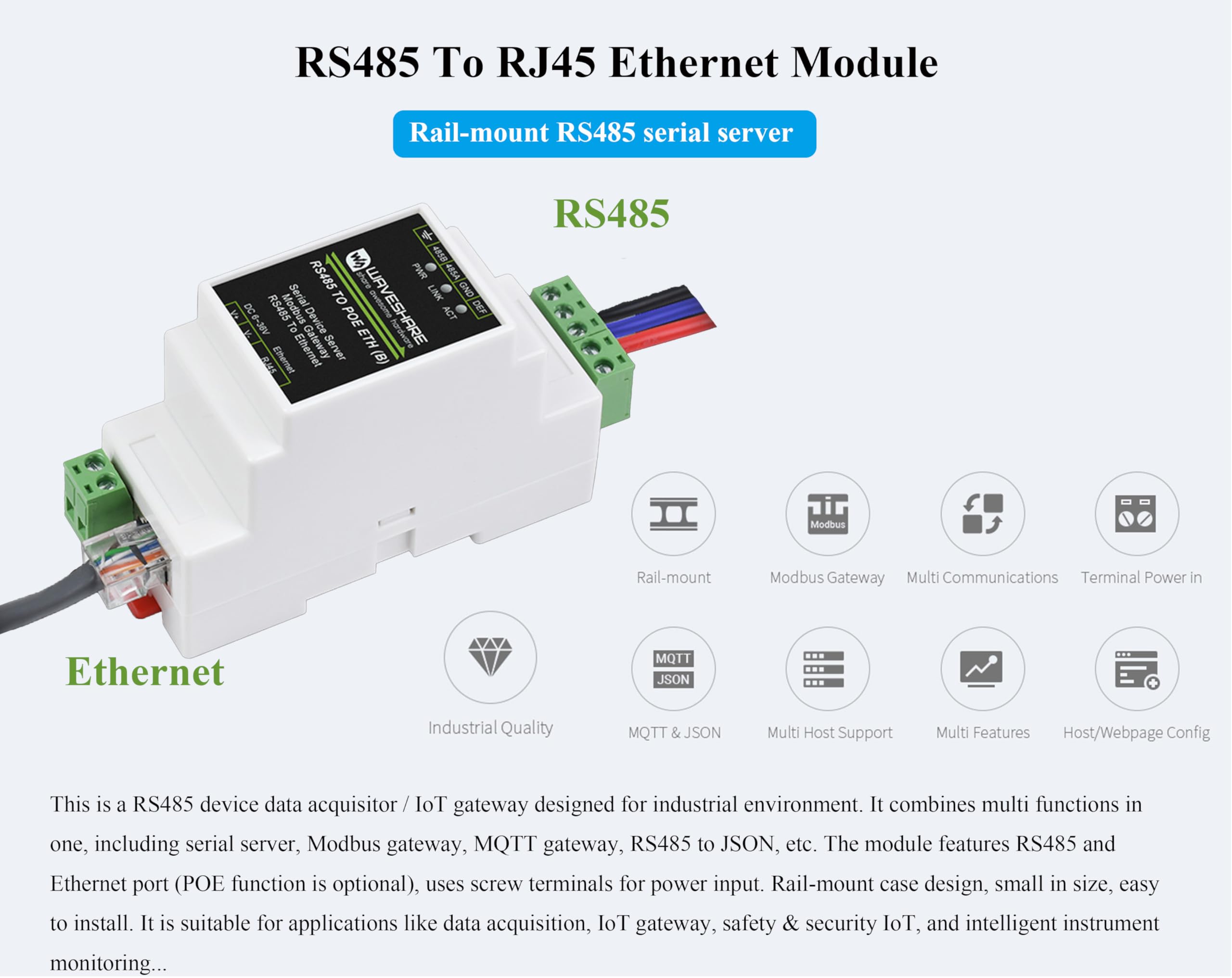 Serveur série industriel RS485 vers RJ45 Ethernet avec fonction PoE, TCP/IP vers série, alimentation CC 6 ~ 36 V ou PoE, données bidirectionnelles RS485 et ETH, prise en charge du port Ethernet PoE +