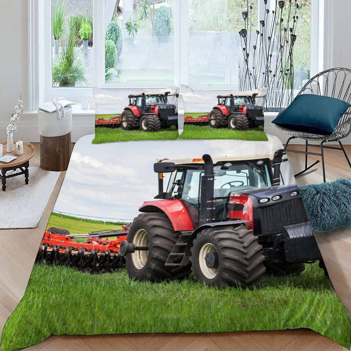 RFFLUX 3D Tractor King size Bedding Sets 3 Pieces 220x230 Ultra Soft Microfiber Farm Combine Harvester Duvet Cover with Zipper Closure Easy Care Quilt Cover with 2 Pillowcase for Adults Room Decor