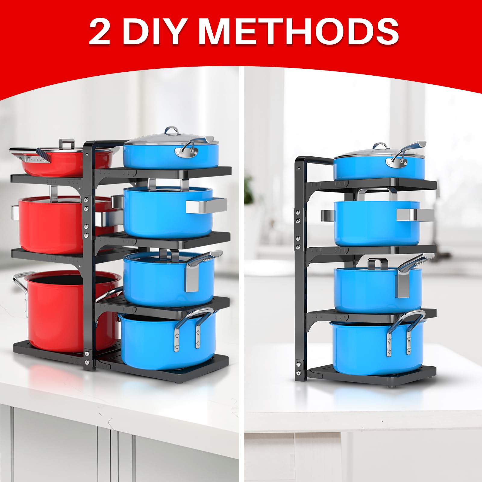 ROMATIA Pot and Pan Organizer Rack for under Cabinet, Heavy Duty Pot Pan Rack under Sink Organizers and Storage, Pot lid organizer, Kitchen Cabinet Organizer with 7 Adjustable Shelves