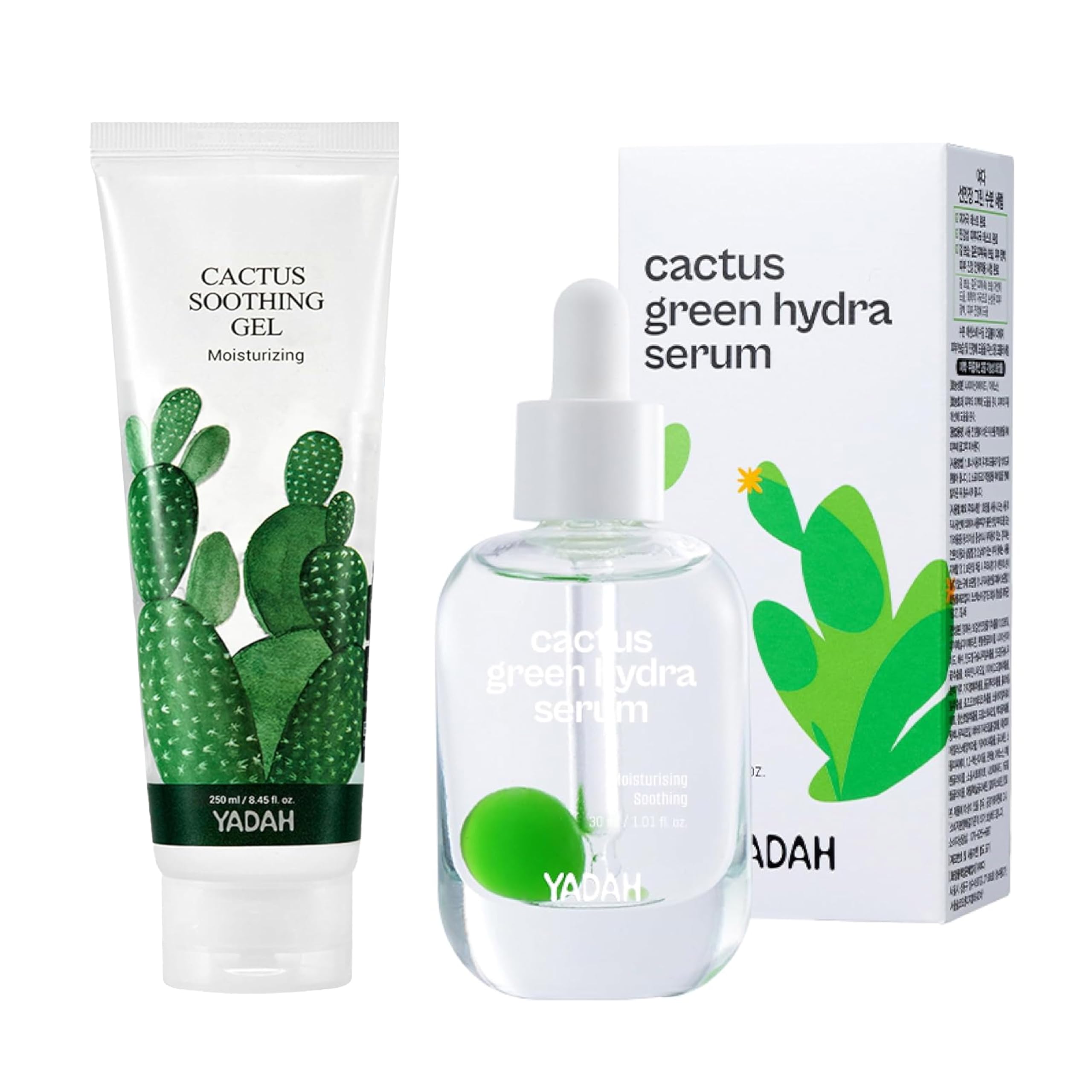 YADAH Cactus Soothing Gel 8.45fl oz & Cactus Green Hydra Serum 1.01fl oz - Vegan Sunburn Relief, Cool & Soothe Irritated Skin, Face Redness. Korean Skin Care Hydration Oil-Moisture Balance Niacinamide