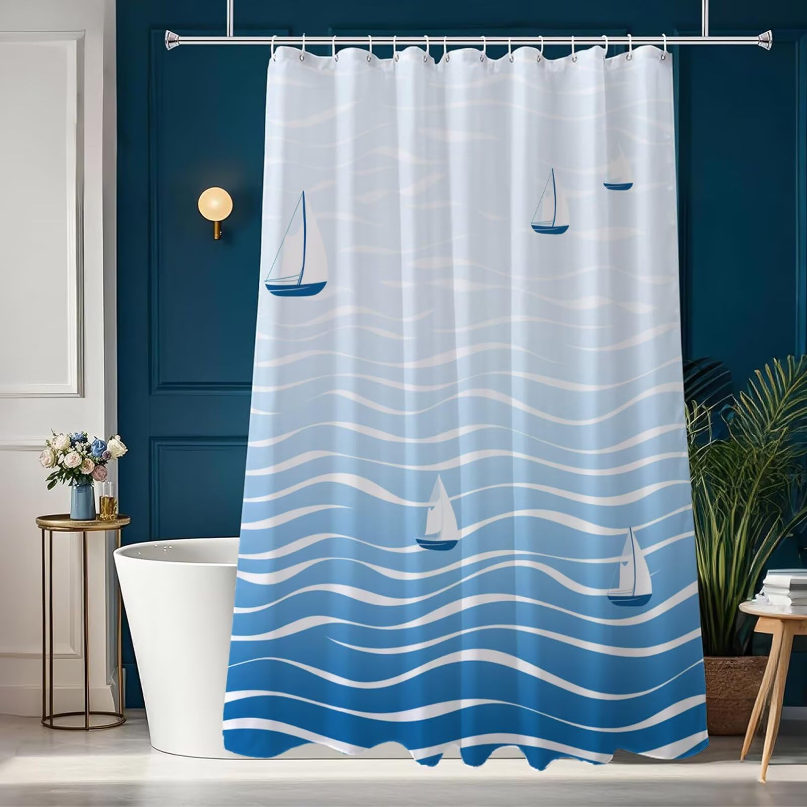 Wasserdichter Duschvorhang Anti-Schimmel 200x240 cm, Waschbar Schnelltrocknend Textil Stoff Polyester Duschvorhang Blau Shower Curtain mit Gewicht und 12 Duschvorhängeringen für Badewanne, Meer J8-408