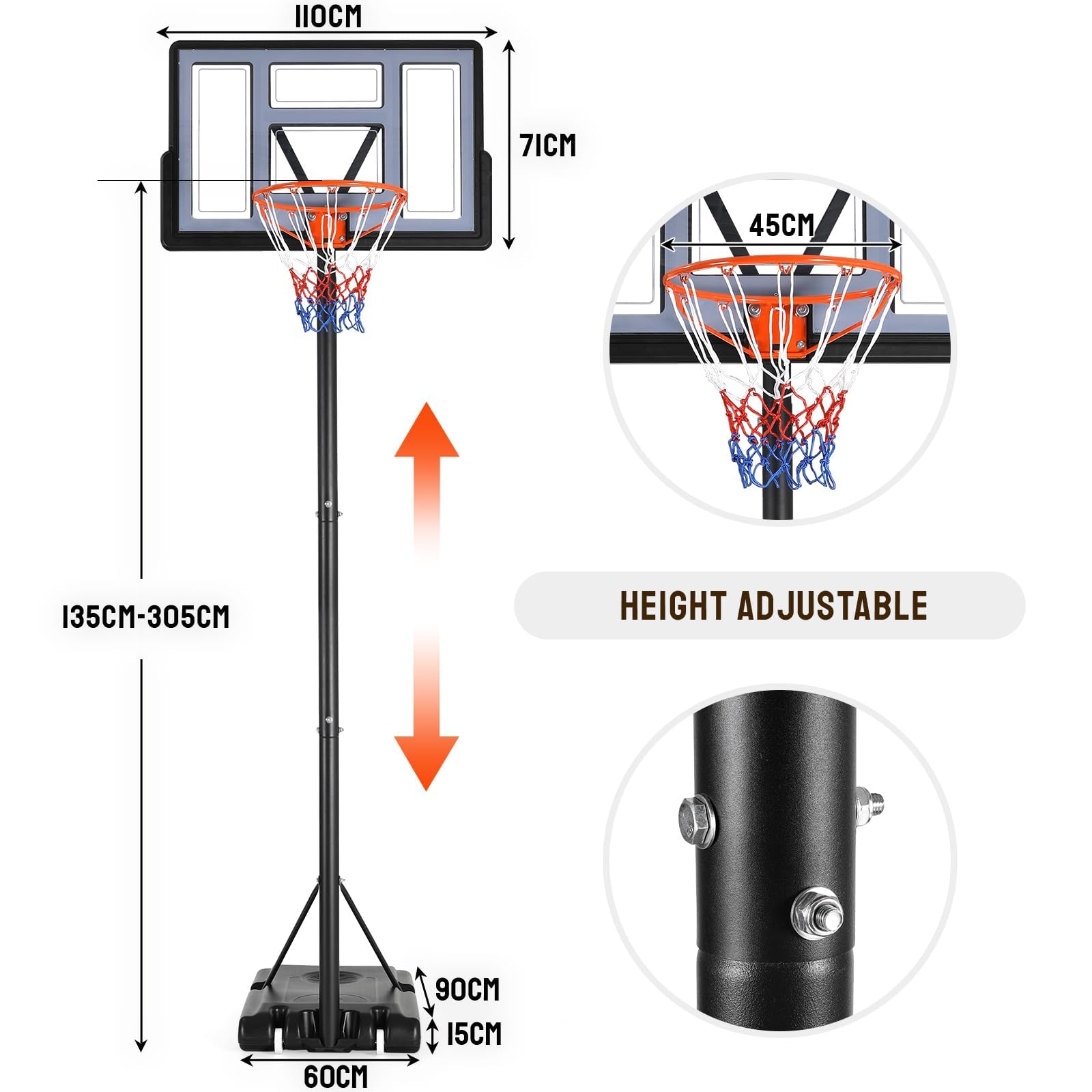Basketballkorb Outdoor 135-305cm Basketballanlage Standfuß Basketballständer mit 110 x 71 cm Rückwand, Geeignet für Erwachsene, Jugendliche, Kinder im Hinterhof, Garten, Garage, Innenbereich
