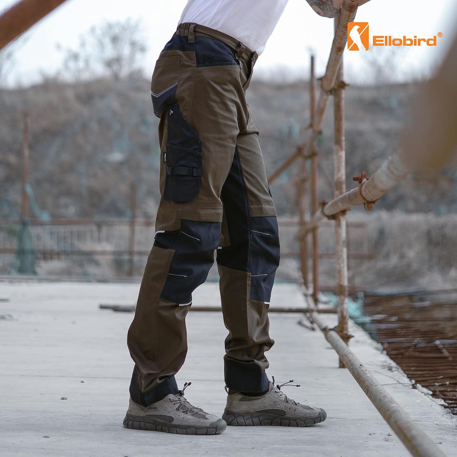 Ellobird Men's Construction Work Utility Pants Relaxed Fit Stretch Flex Cordura Double Knee Reinforcement Carpenter Cargo - Image 4
