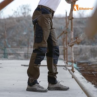 Ellobird Men's Construction Work Utility Pants Relaxed Fit Stretch Flex Cordura Double Knee Reinforcement Carpenter Cargo