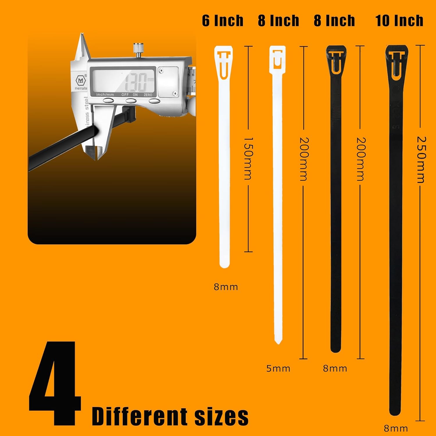 Reusable Zip Ties Self-Locking Plastic Wire Ties Electrical Cable Ties 120 Lbs Tensile Strength Releasable Adjustable Nylon Cable Zip Ties 100 PCS 6+8(Small)+8+10 Inch x0.3inch