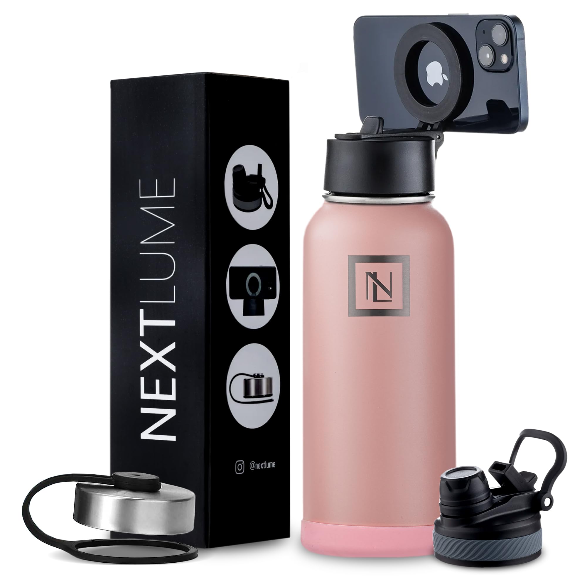 32 Oz Water Bottle With Magnetic Phone Holder Lid, Hydration Flask, Wide Mouth Stainless Steel Water Bottle With 3 Lids Straw & Spout Lid, Double