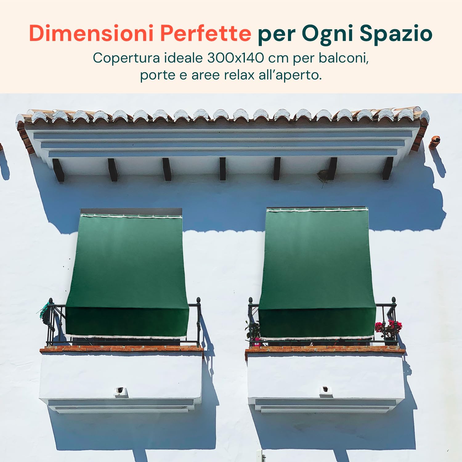 Tenda da Sole per Esterno Verde con Anelli h 300x140 cm - Tende da Sole per Esterni Rimovibili in Poliestere - Tendone Balcone Esterno Parasole per Giardino e Gazebo