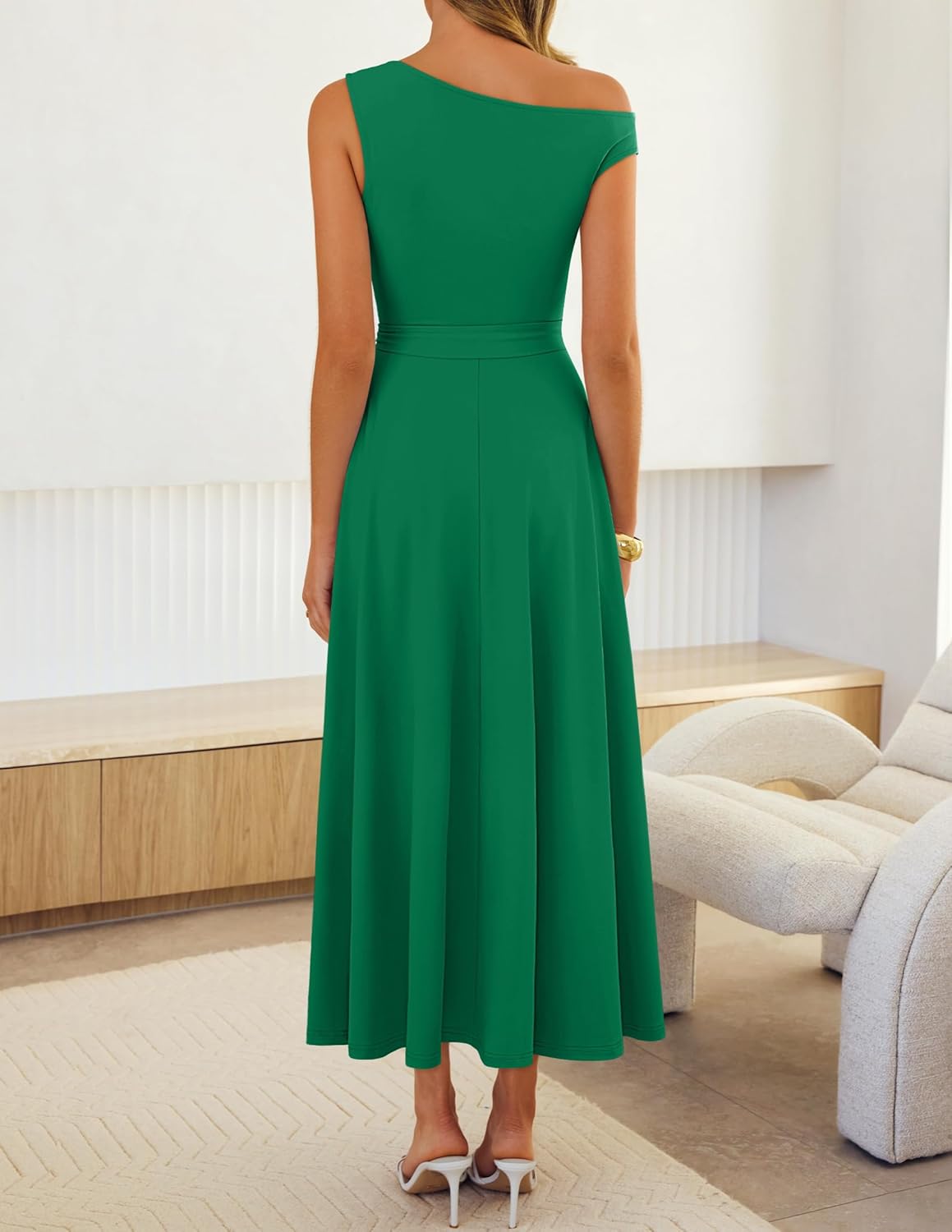 ZESICA Womens Summer One Shoulder Cocktail Maxi Dress 2026 Formal Sleeveless Flowy Wedding Guest Party Dresses with Belt - Image 3