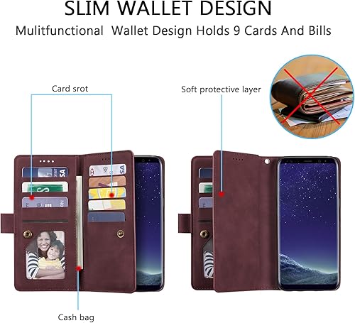 Miniatura 2 de EYZUTAK Funda de teléfono tipo cartera para Samsung Galaxy S8, retro mate 9 ranuras para tarjetas, funda de bolsillo con cremallera, cierre