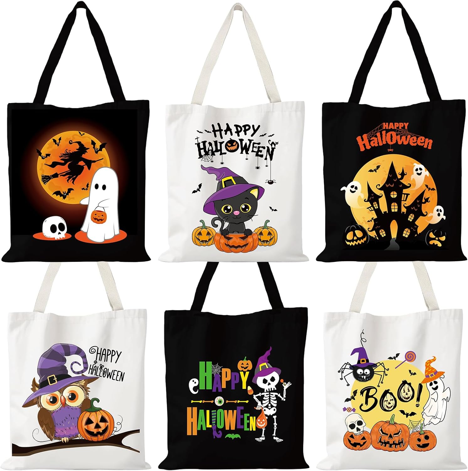 6 Pcs 13.4" Large Halloween Tote Treat Bags for Trick or Treating, Halloween Canvas Bag, Reusable White and Black Goodie Candy Bags for Party Favor Supplies, Snack Grocery Tote with Handles