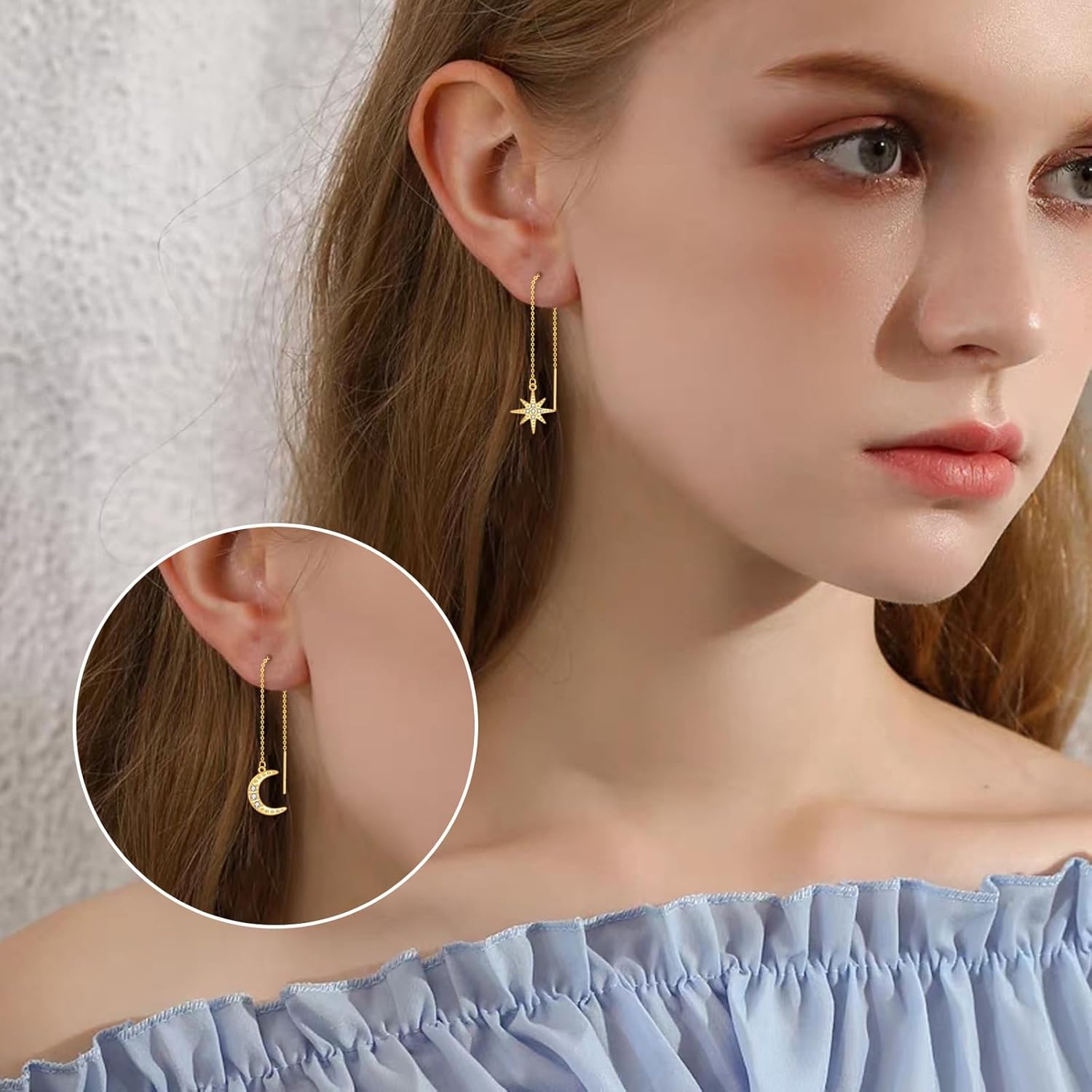 KECHO 14k Gold Threader Earrings Pull Through earrings Long Chain Dangling Earring for Women