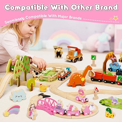 Miniatura 5 de Lehoo Castle Juego de tren de madera para niñas, juego de tren de unicornio para niños pequeños de 2 a 4 años, pista de tren de madera con bolsa de