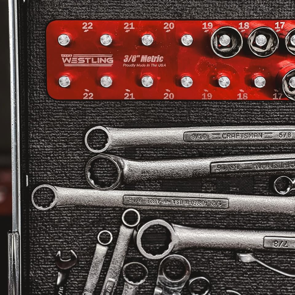 Westling USA Premium Aluminum 8 Piece Socket Tray & Organizer Set, Standard and Metric Sockets (Red/Blue, 2 Row)