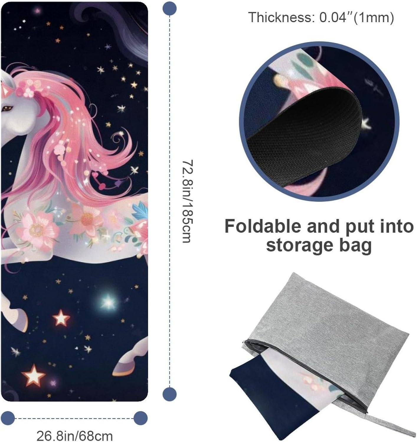 Yoga Towel, Galaxy Unicorn Pattern Non Slip Sweat Absorbent Hot Yoga Mat Towel for Hot Yoga, Pilates and Fitness - 72.8" x 26.8"