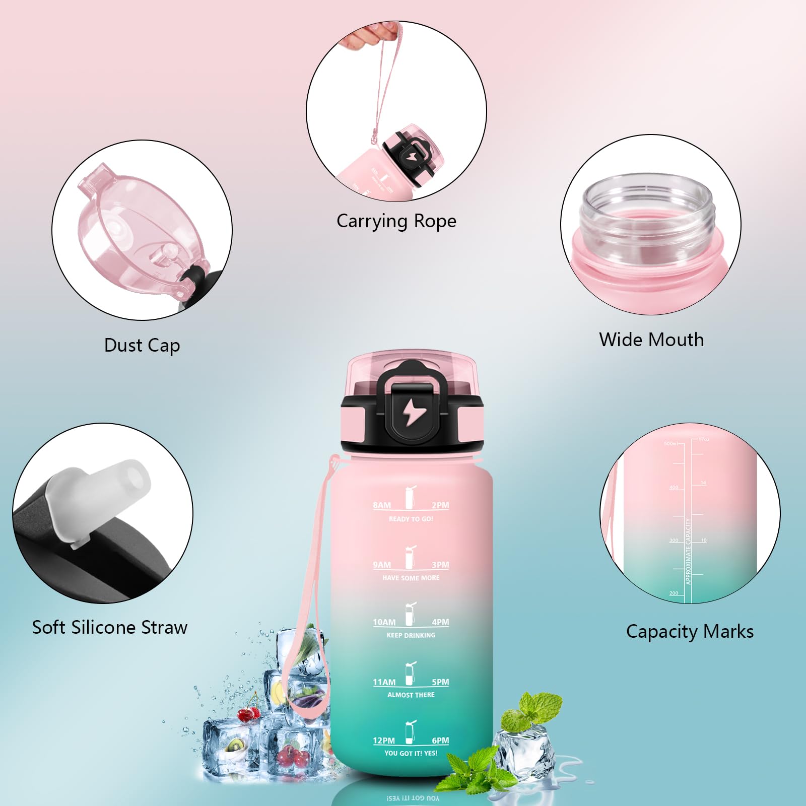 Borraccia 500ml, A Prova di Perdite Borracce, Bottiglia Motivazionale con Cannuccia, Facile da Pulire, Borraccia Bambino con Indicatore del Tempo per Ufficio, Corsa, Scuola - 3