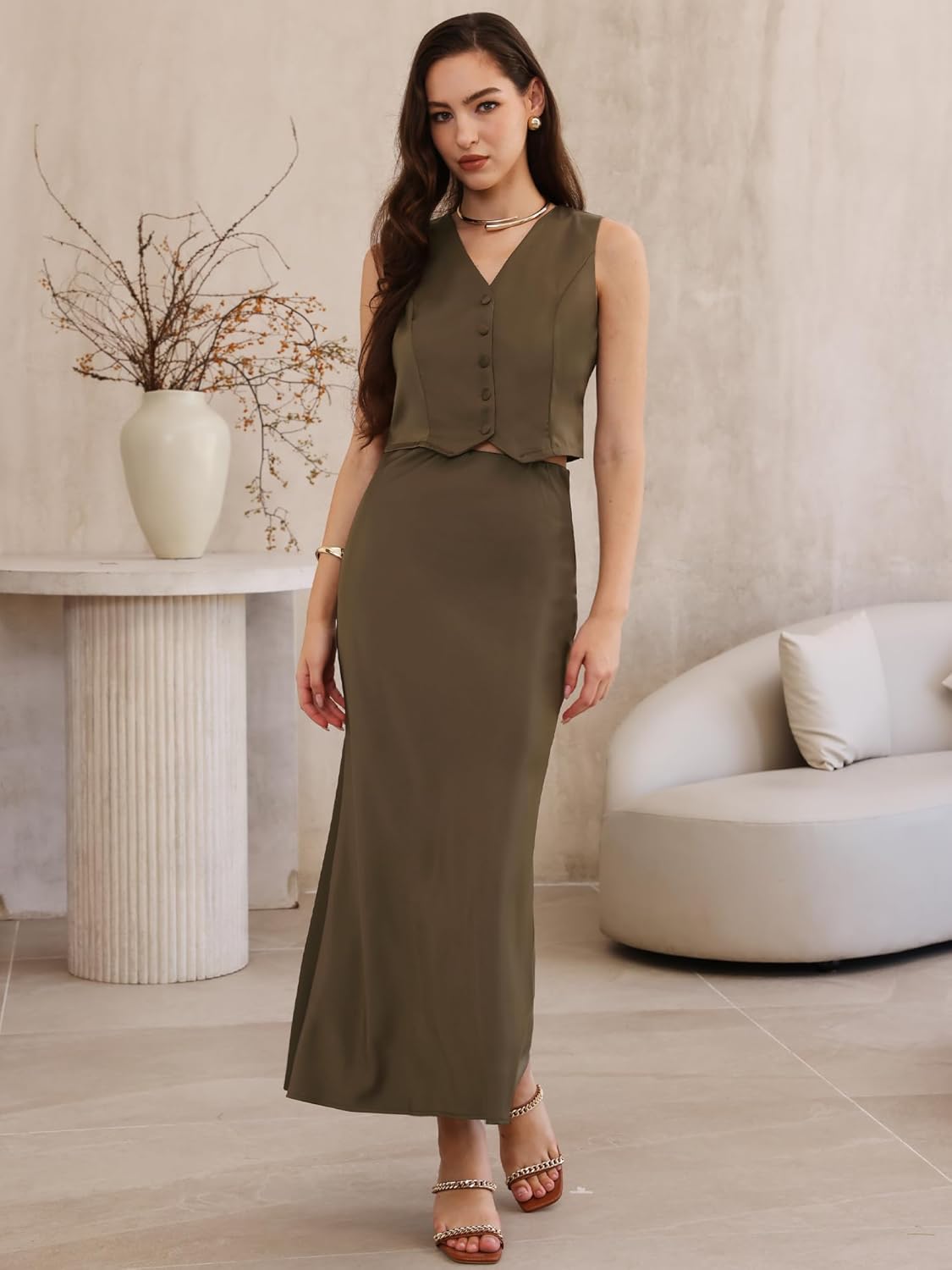 Allegra K Satin Two Piece Skirt Set for Women Button V Neck Vest Tops Long Maxi Skirts Dressy Casual Elegant Summer Outfits - Image 4