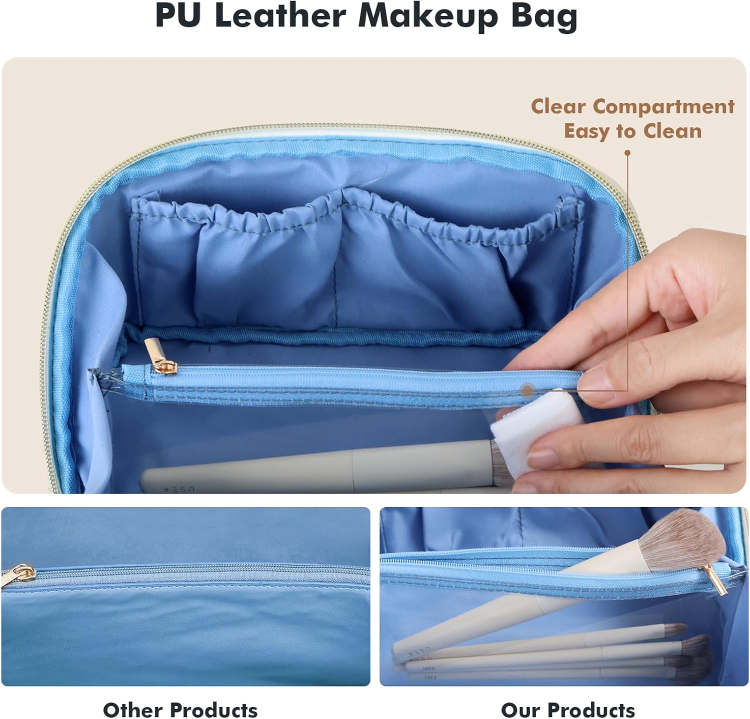 Prite Makeup Bag for Women Travel Waterproof Vegan Leather Cosmetic Bag Open Flat Toiletry Bag With Clear Divider and Handle (Blue) - Image 6