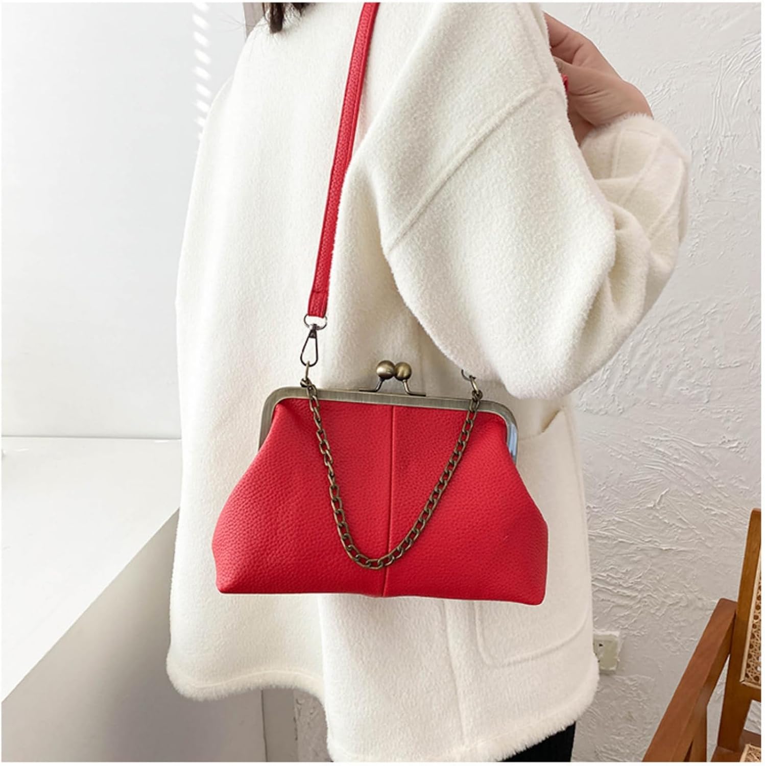 Vintage Kiss Lock Tote Women 2026 Clasp Clutch PU Leather Purse Crossbody Shoulder Bag Everyday Chic Messenger Handbag