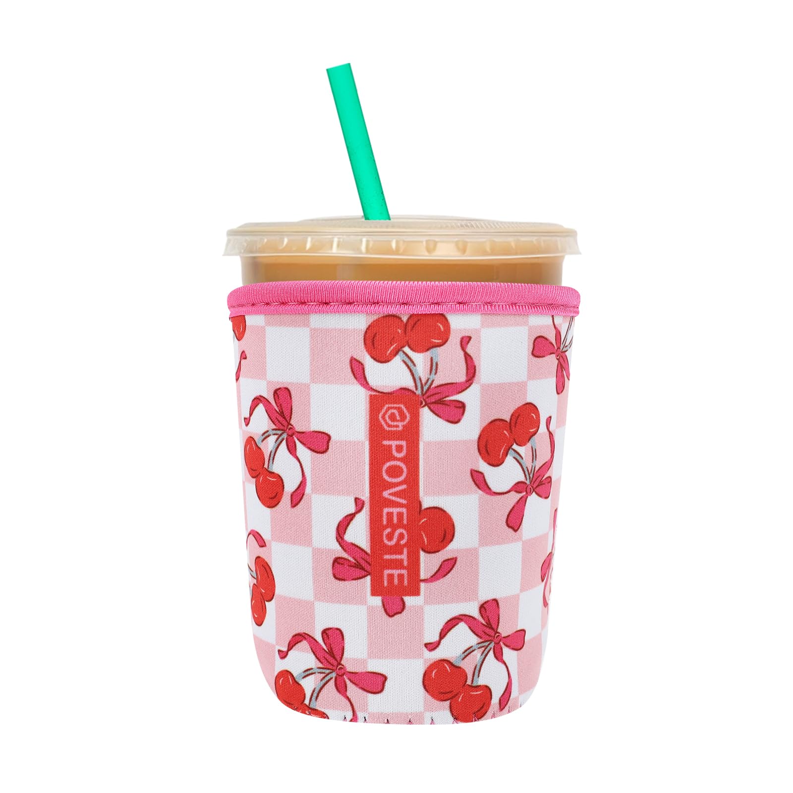 Reusable Neoprene Insulator Sleeve for Iced Coffee &amp; Cold Soda, Coffee Sleeves for Iced &amp; Hot Drinks, Cold Beverage Cooler Compatible with Starbucks, Dunkin (Bow&amp;Cherry, Small: 16-18oz)
