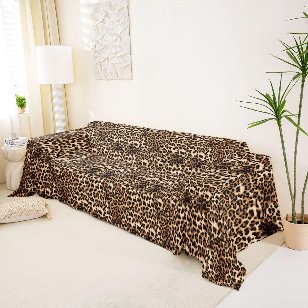 Homewish Czarny brązowy pokrowiec na sofę z nadrukiem w panterkę, 180 x 300 cm, nadruk geparda, ochraniacz na kanapę, Afryka, zwierzę, dzika przyroda, pokrowiec na kanapę