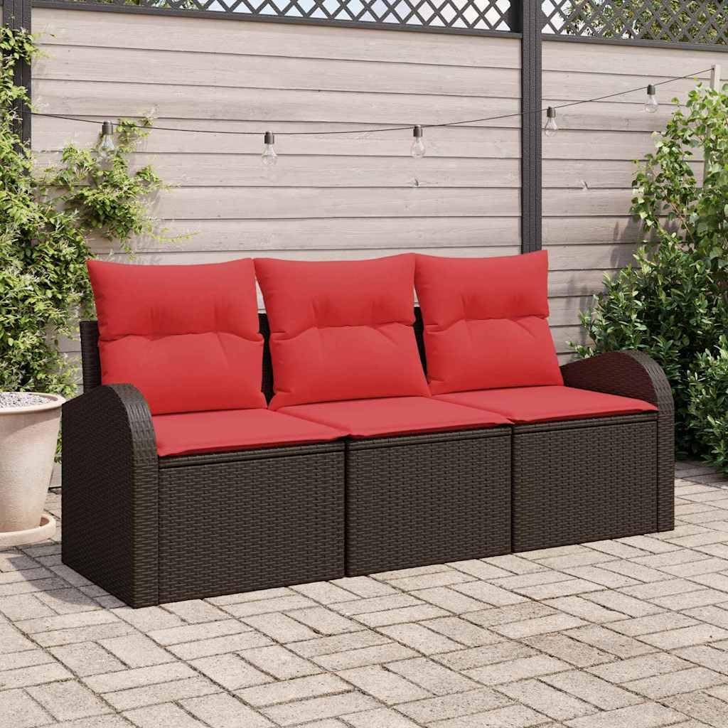 Ensemble de Canapé de Jardin 3 Pièces en Poly Rotin Marron et Rouge, Salon de Jardin Modulable avec Rangement, Mobilier d'Extérieur pour Terrasse et Patio