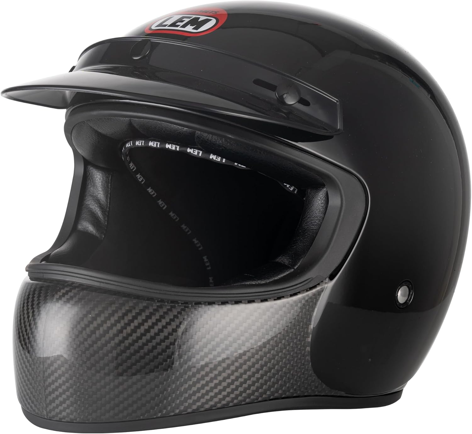 LEM Retro Motocross Helmet Carbon Fiber, Full Face Dirt Bike Helmet DOT for Men, Motorcycle Helmets Vintage, Interchangeable Visor, 1100g Lightweight Fiberglass Shell (Gloss Black, Size M)