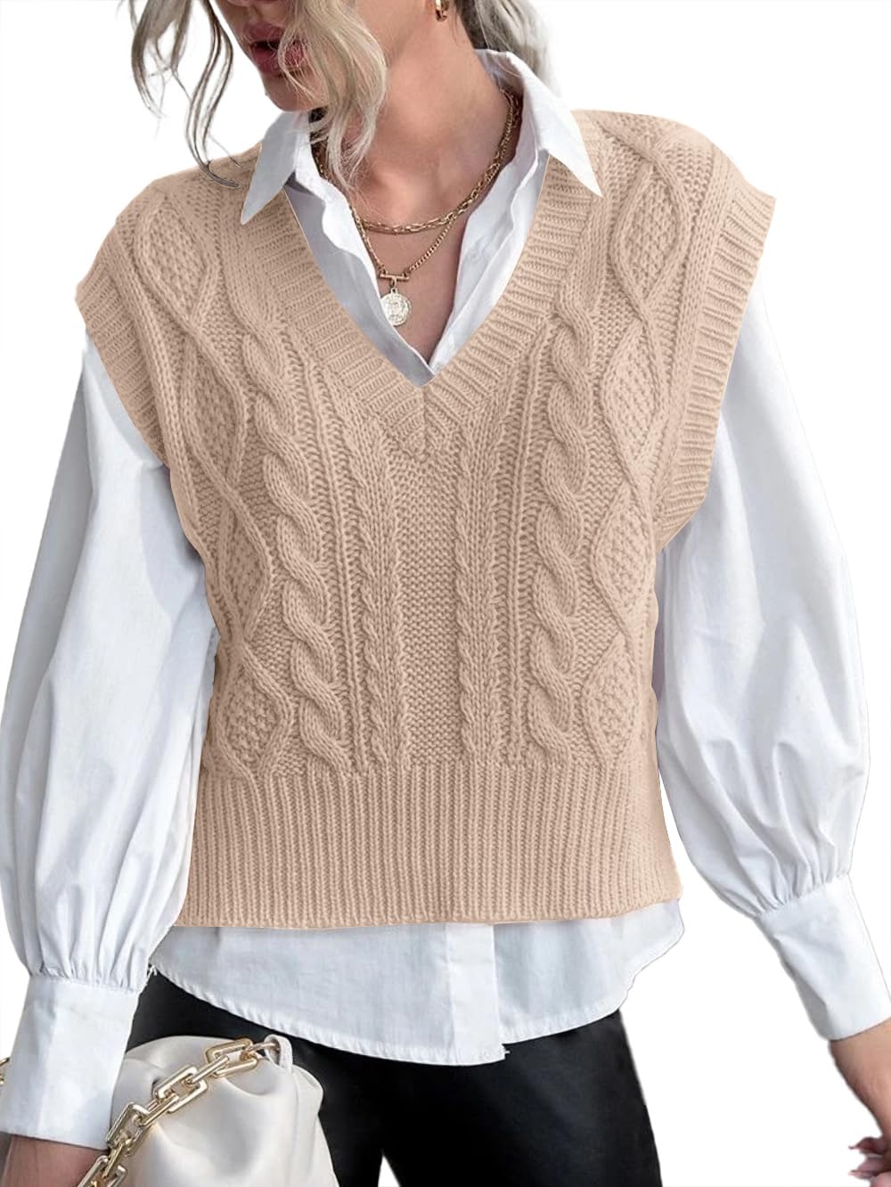 jumppmile Womens V Neck Sweater Vest Sleeveless Pullover Crop Sweater Vest-picture-42