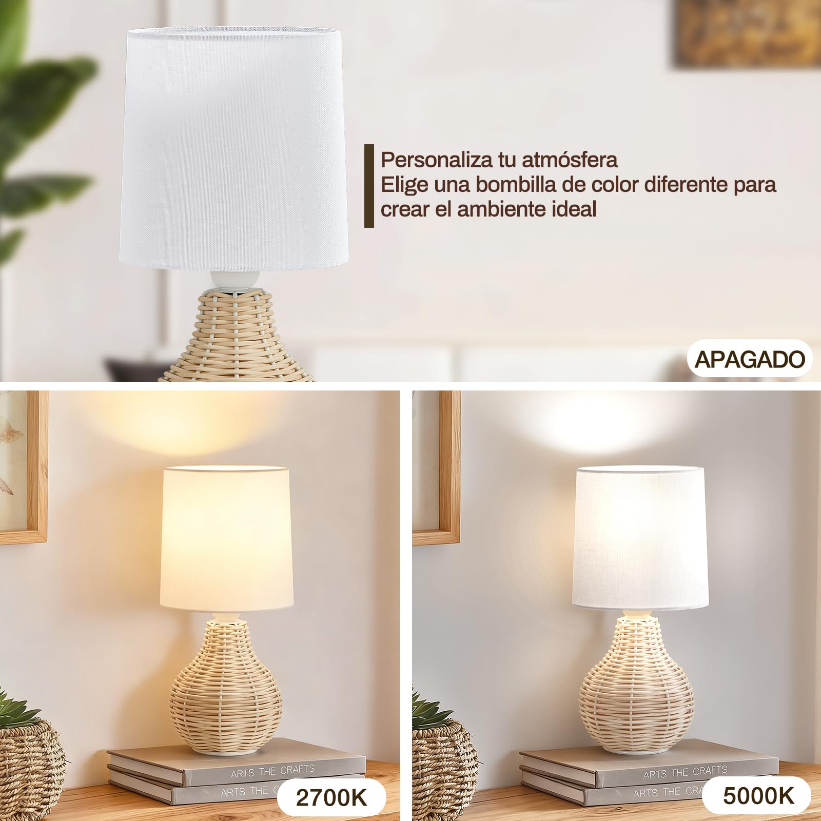 GyroVu Juego de 2 lámparas de mesa bohemias, lámparas de mesita de noche, de ratán, pequeñas lámparas para decoración rústica del hogar, dormitorio, mesita de noche, sala de estar, escritorio de