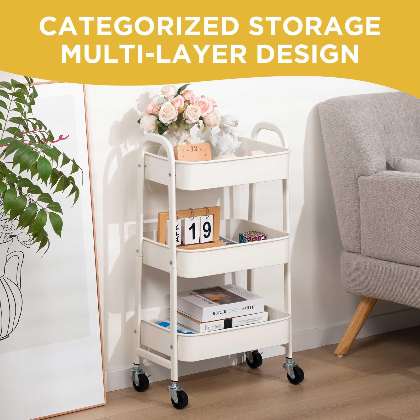 AGTEK Carrito de maquillaje organizador con ruedas, Negro, Acero inoxidable, 3 niveles, 4 ruedas giratorias con bloqueo