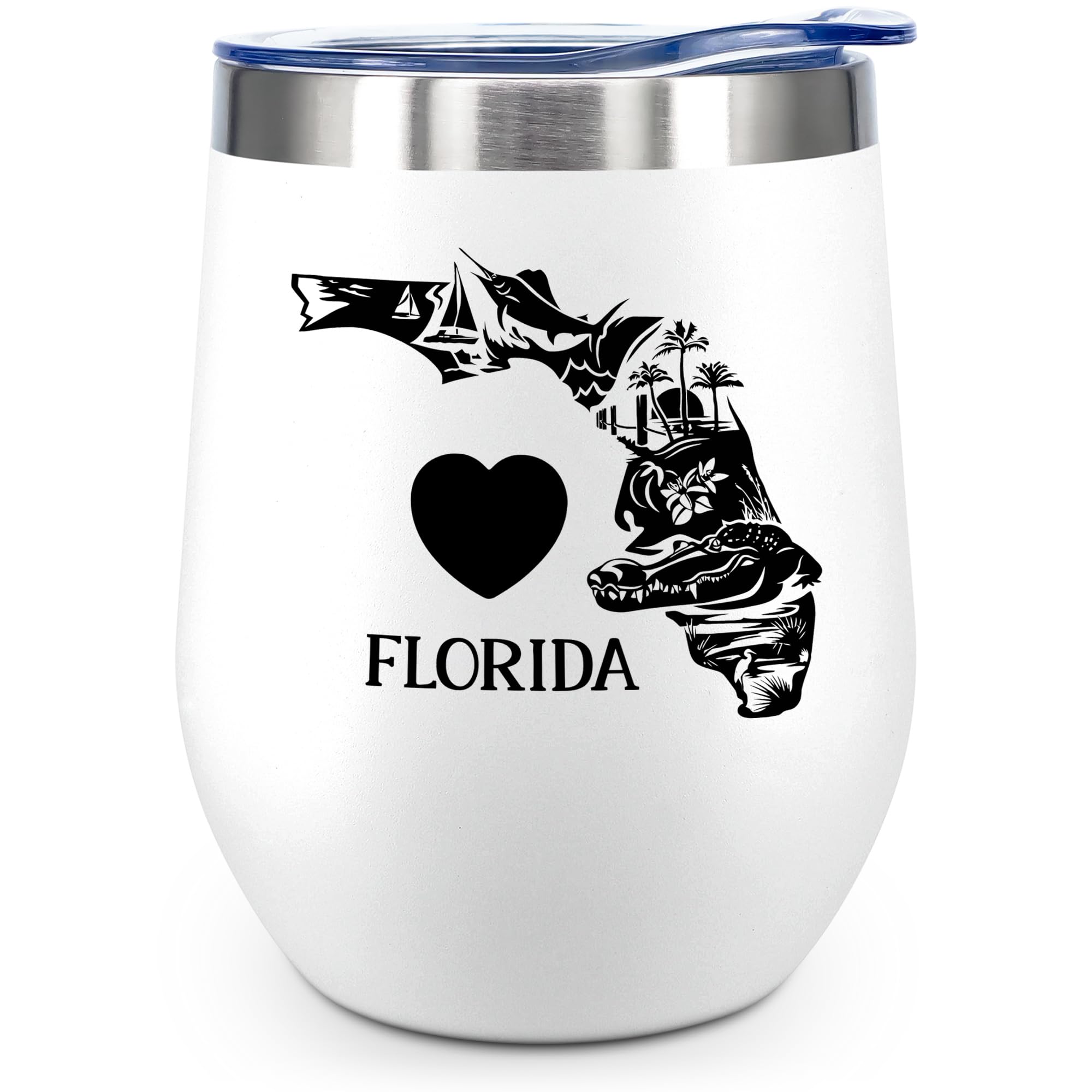 Florida Wine Tumbler 12oz with Lid, Funny Stainless Steel Insulated Travel Mug, Unique Florida Beach Themed Gift for Women and Girls, Stemless Coffee