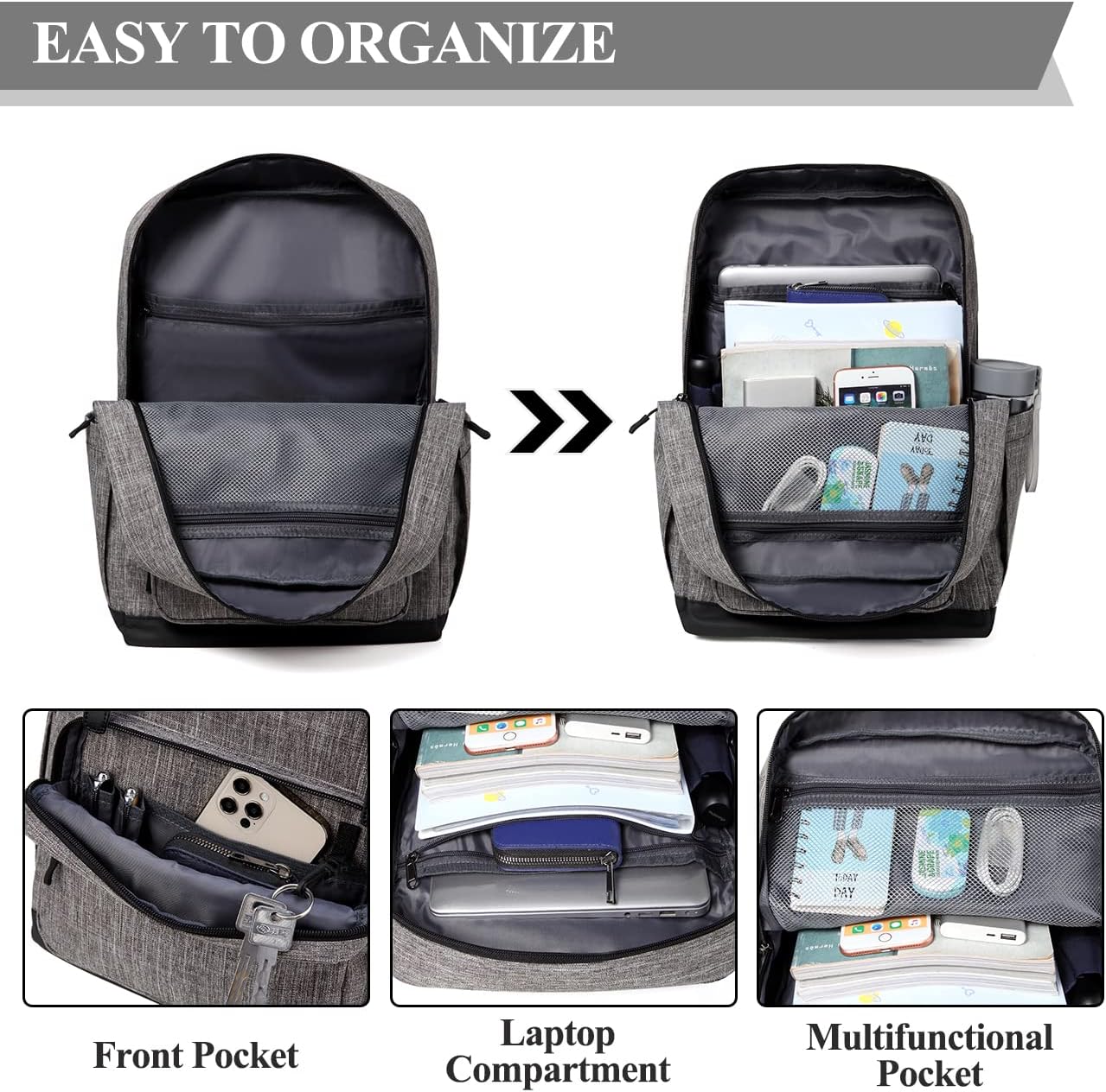 VASCHY Laptop Backpack, Water Resistant Multifunctional Business College Bookbag Computer Travel Backpack for Men Women Fits 15.6in Laptop,Gray