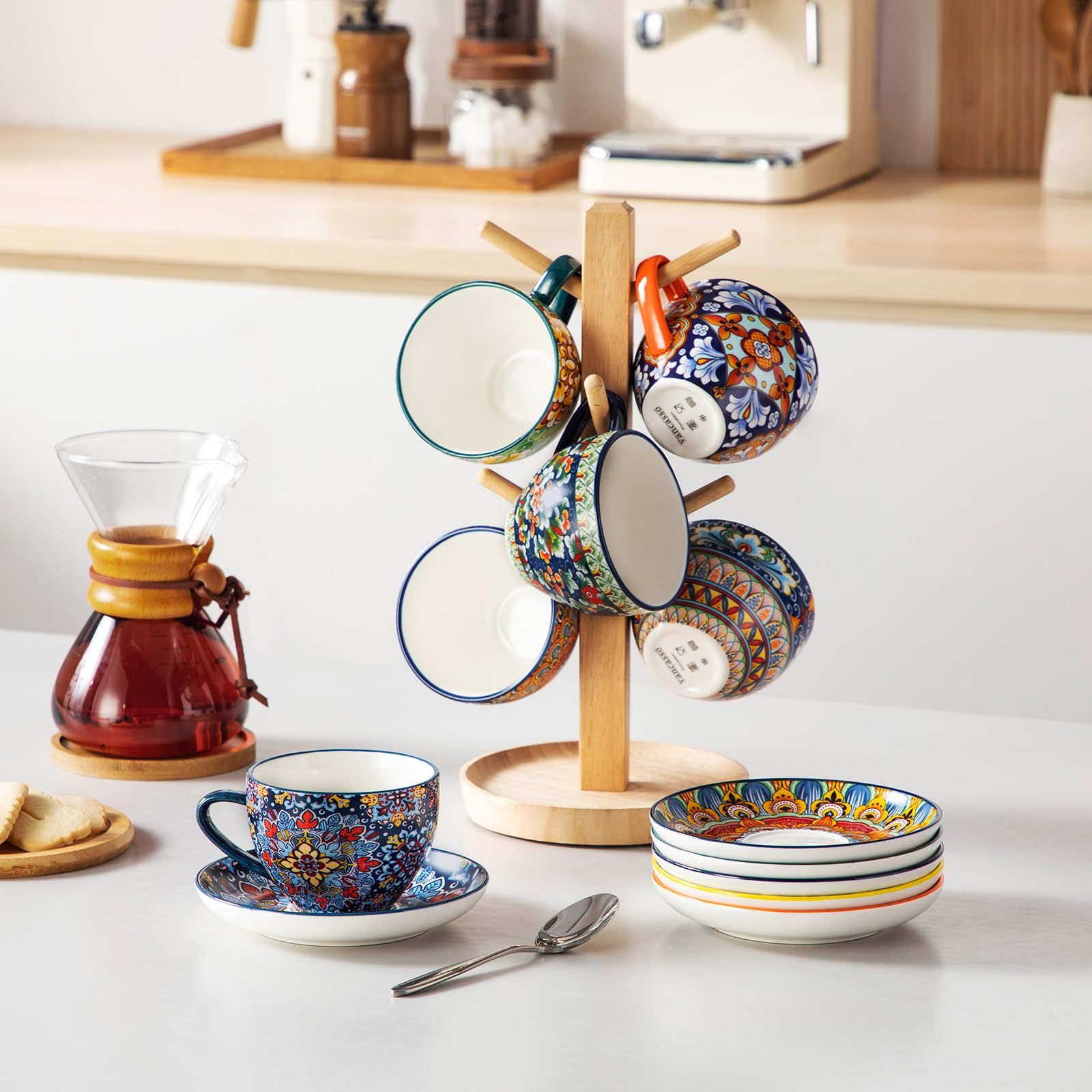 vancasso SIMI Cappuccino Tassen mit Untertassen 6er Set - 240 ml - Kaffeetassen aus Bunt Porzellan, Geschirr Tasse Becher für 6 Personen, Mikrowellengeeignet, Böhmischer Stil