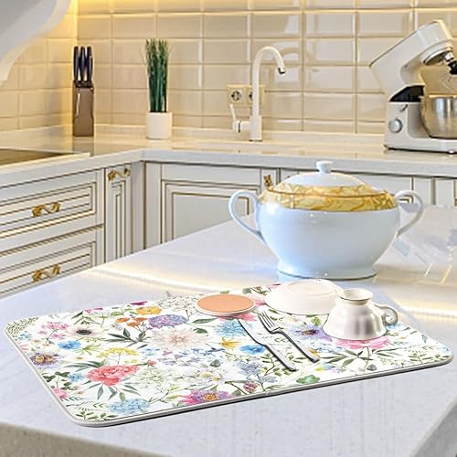 Miniatura 6 de Escurridor de platos absorbente de flores de acuarela para encimera, tamaño pequeño, 16 x 18 pulgadas, almohadillas de microfibra para secado de