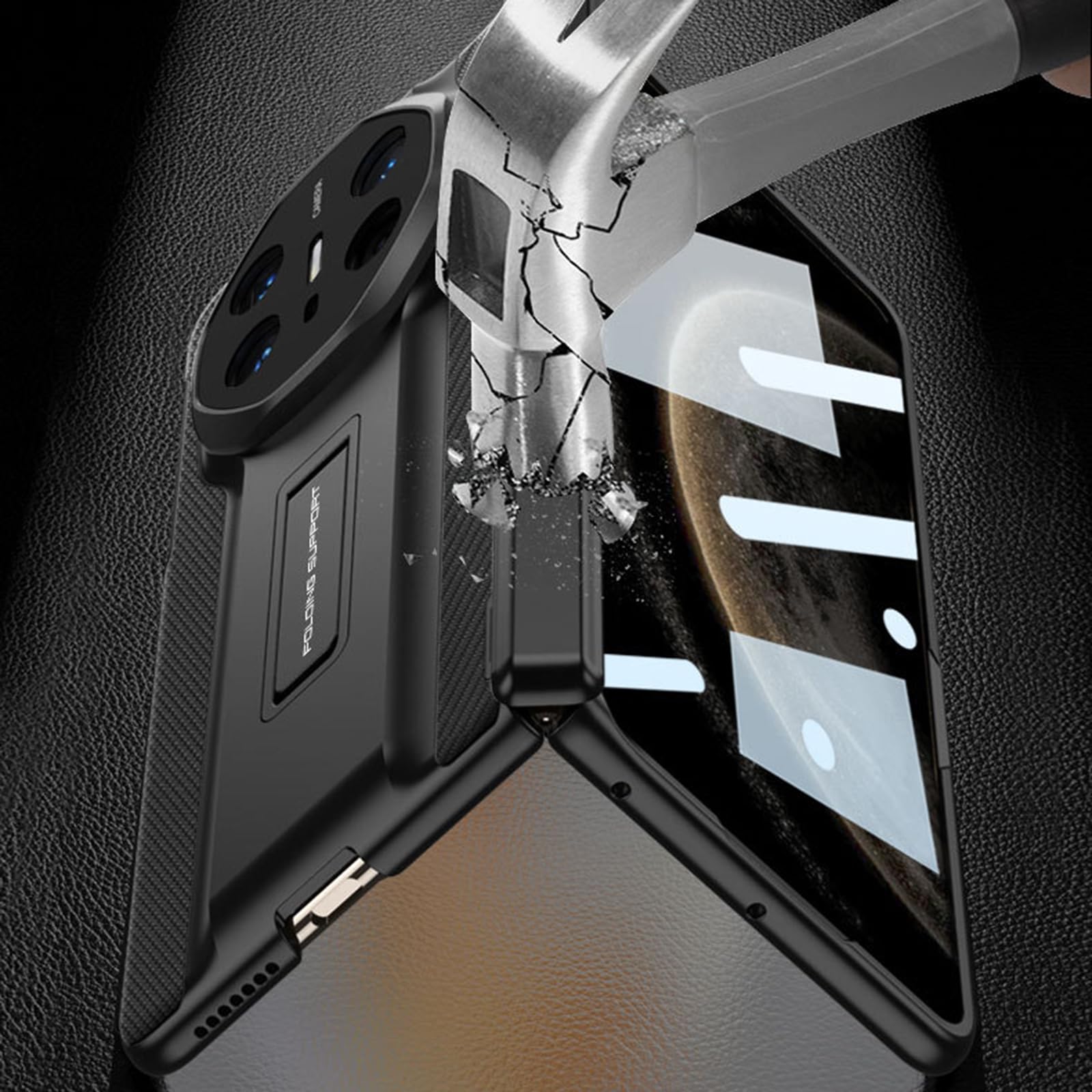 Ultra cienkie etui do HUAWEI Mate X6, odporne na wstrząsy etui ochronne z ukrytą podpórką, tekstura włókna węglowego, czarne, Mate X6