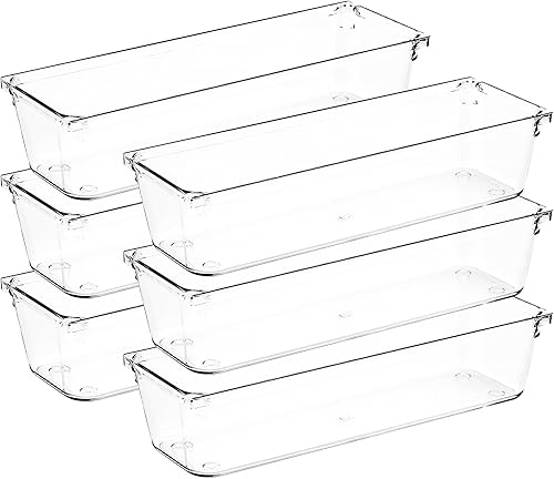 Paquete de 6 organizadores de cajones, contenedores de almacenamiento de acrílico transparente de 3 x 9 pulgadas con almohadillas antideslizantes,