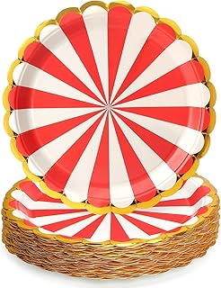 50 Pcs Party Plates, Red Disposable 9 inch Scalloped Paper Dinner Plates Sets Party Supplies for Birthday Baby Shower Bridal Shower Picnic, Red and White Striped