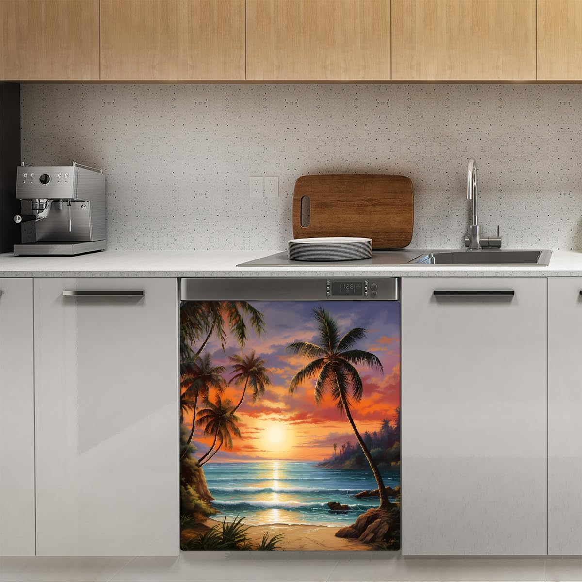 Dishwasher Magnet Cover Beach Sunset Tropical Palm Tree Reusable Dishwasher Magnetic Cover Sticker Decorative Dish Washer Door Cover Panel for Home Kitcen Appliance, 21x26 in