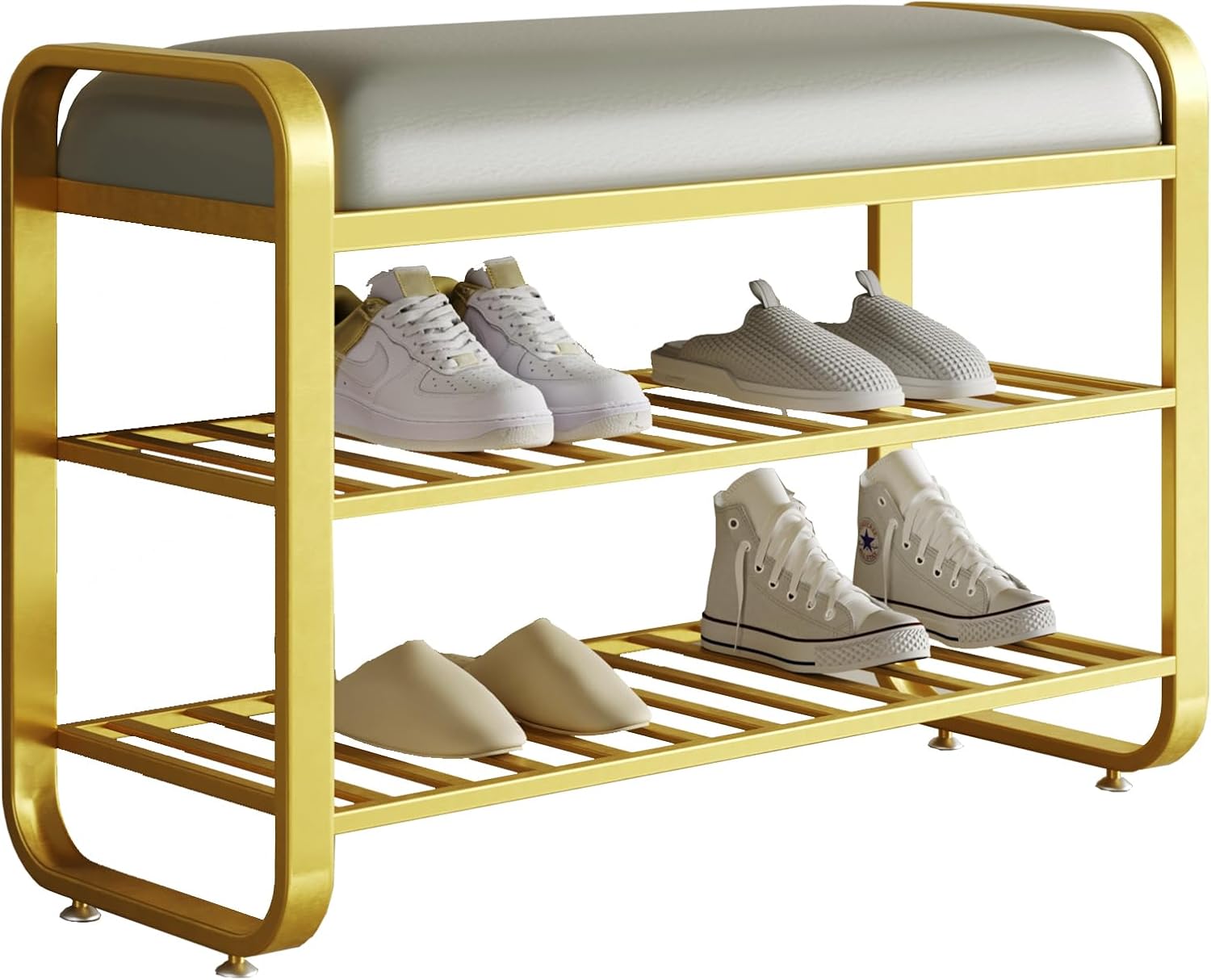 Shoe Bench,entryway Bench with Shoe Storage,Modern Shoe Rack Bench with Cushion,upholstered 3 Tier Metal Shoe Storage Bench for entryway,Hallway,Front Door (23.6 * 12.5 * 20.4, Gold) Gold 23.6*12.5*20.4