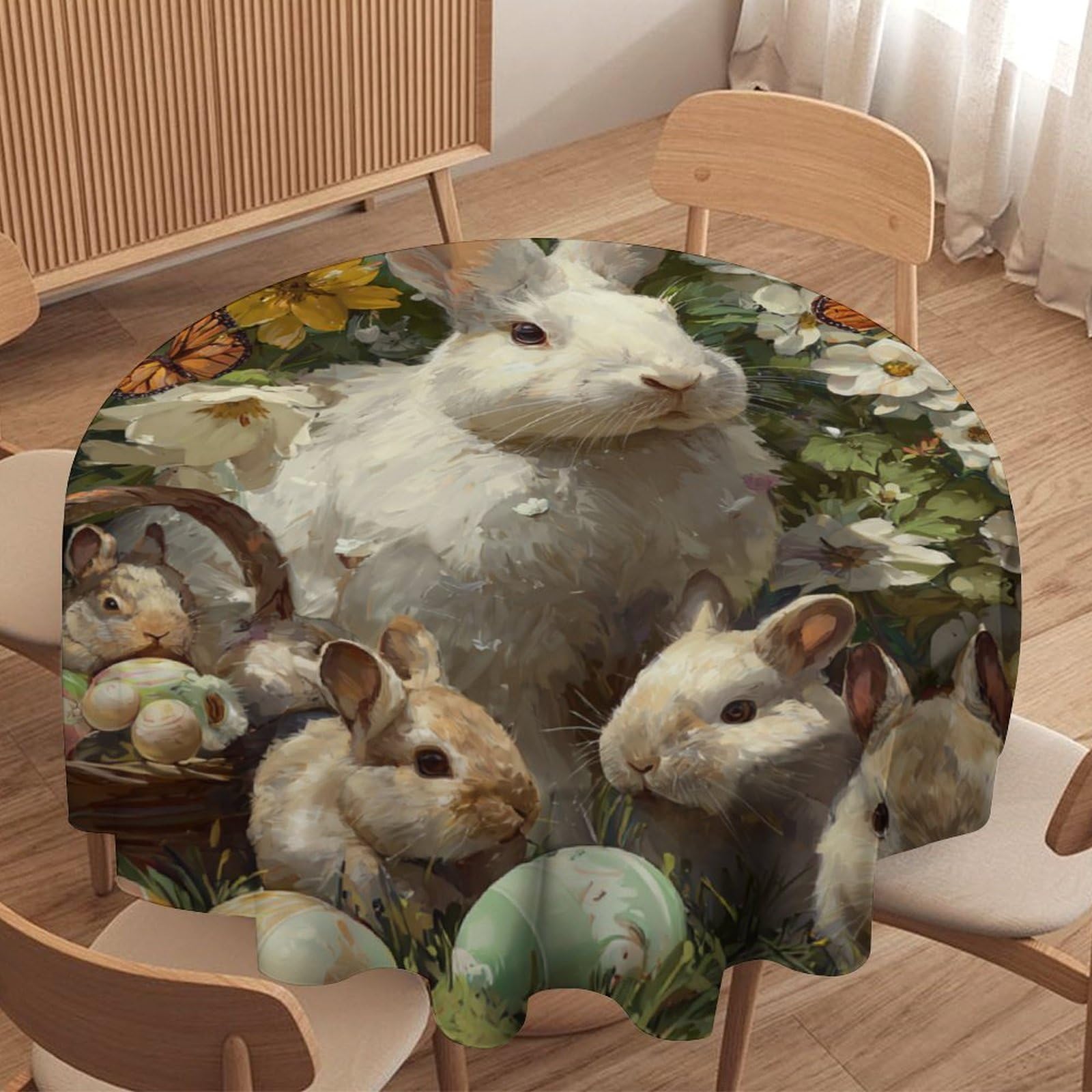 LUYYSKY Cute Abstract Easter Rabbits Waterproof Round Tablecloth Vintage Classic Colorful Eggs Animals Bunny Butterflies Flowers Washable Table Cover for Kitchen-127 Wx127 L cm
